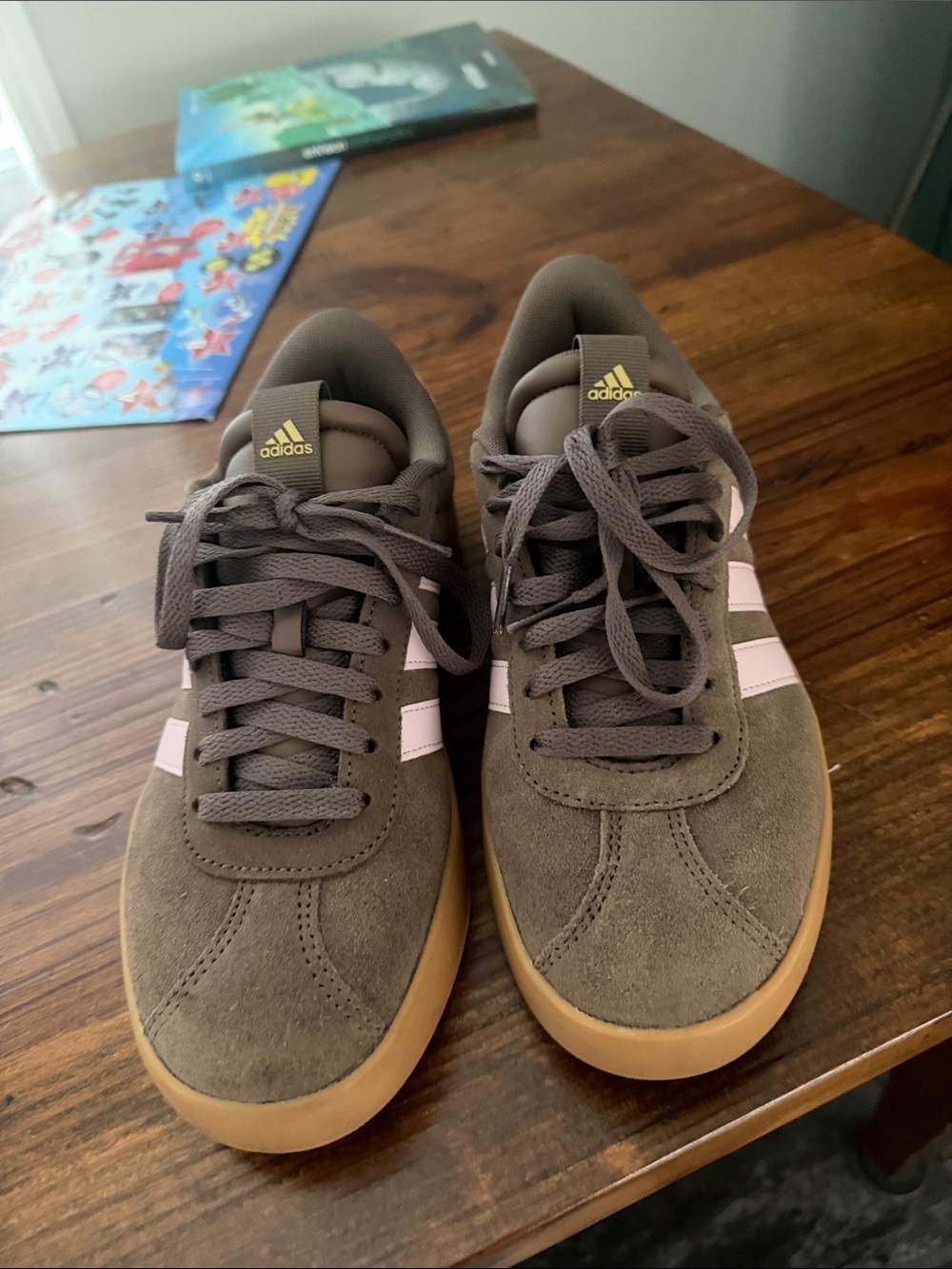 Adidas VL Court Suede Low-Top Sneakers in Brown with Pink Stripes